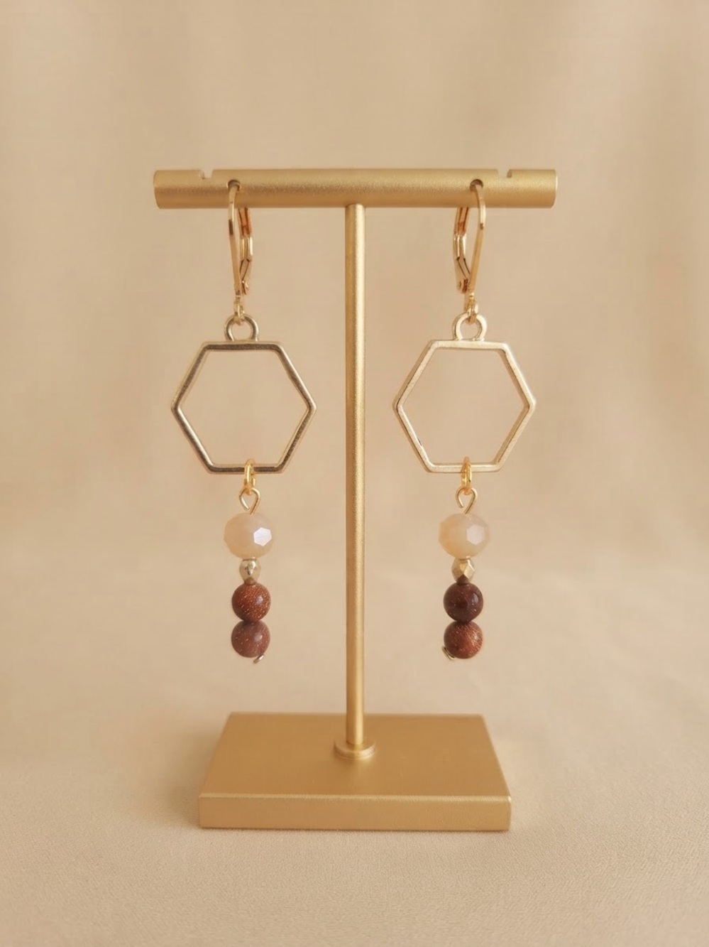 Gold Hexagon Drop Earrings with Beige and Brown Beads